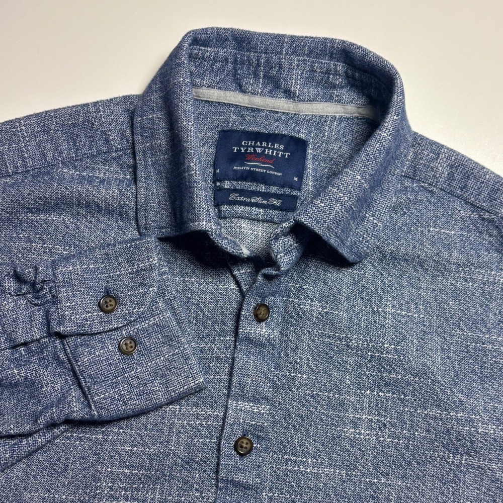Charles Tyrwhitt Extra Slim Fit Dress Shirt Men's Medium Gray Blue Textured Soft
